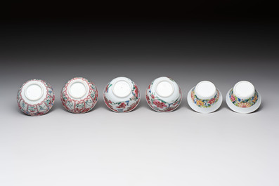 Six sets of Chinese famille rose cups and saucers, Yongzheng/Qianlong