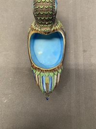 Two Chinese enamelled filigree silver mandarin duck-form boxes and covers inset with precious stones, 19/20th C.