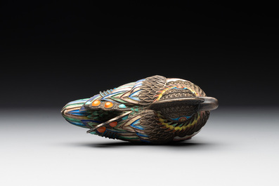 Two Chinese enamelled filigree silver mandarin duck-form boxes and covers inset with precious stones, 19/20th C.