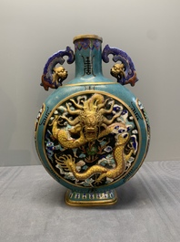 A Chinese cloisonn&eacute; 'dragon and phoenix' moonflask vase, 'bianhu', 19/20th C