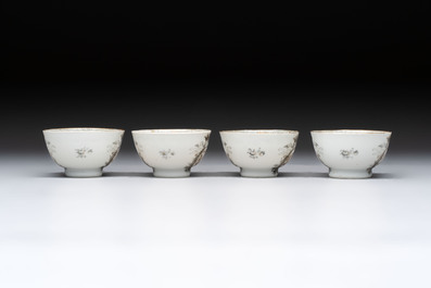 Four Chinese grisaille and gilt-decorated monogrammed cups and saucers, Qianlong, dated 1778