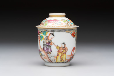 A Chinese Canton famille rose gilt-decorated covered cup and saucer, Qianlong