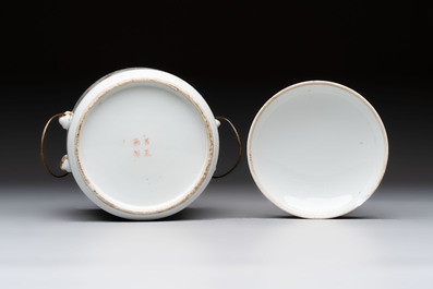 Three Chinese famille rose covered teapots and a warming bowl, Tongzhi, Guangxu and L&uuml; Zhi Xiang Zhi 呂芷薌製 marks, 19th C.