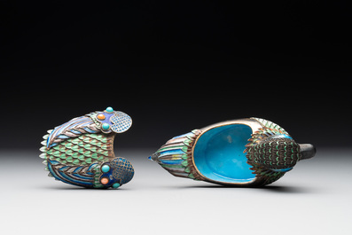 Two Chinese enamelled filigree silver mandarin duck-form boxes and covers inset with precious stones, 19/20th C.