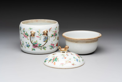 Three Chinese famille rose covered teapots and a warming bowl, Tongzhi, Guangxu and L&uuml; Zhi Xiang Zhi 呂芷薌製 marks, 19th C.