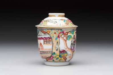 A Chinese Canton famille rose gilt-decorated covered cup and saucer, Qianlong