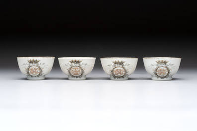 Four Chinese grisaille and gilt-decorated monogrammed cups and saucers, Qianlong, dated 1778
