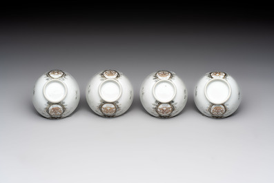 Four Chinese grisaille and gilt-decorated monogrammed cups and saucers, Qianlong, dated 1778