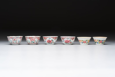 Six sets of Chinese famille rose cups and saucers, Yongzheng/Qianlong