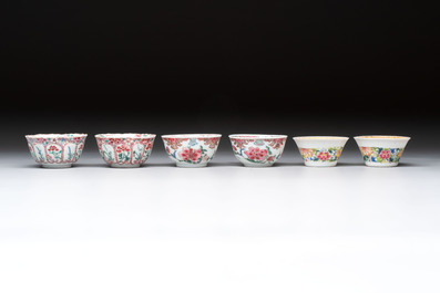 Six sets of Chinese famille rose cups and saucers, Yongzheng/Qianlong