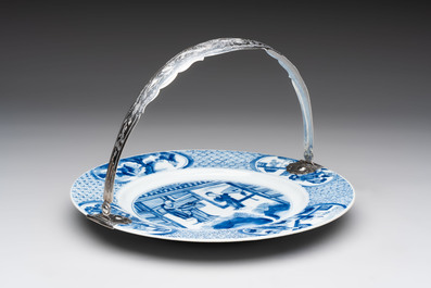 A Chinese blue and white 'Xi Xiang Ji' dish with silver mount, Kangxi mark and of the period
