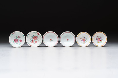 Six sets of Chinese famille rose cups and saucers, Yongzheng/Qianlong