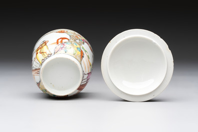 A Chinese Canton famille rose gilt-decorated covered cup and saucer, Qianlong