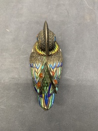 Two Chinese enamelled filigree silver mandarin duck-form boxes and covers inset with precious stones, 19/20th C.