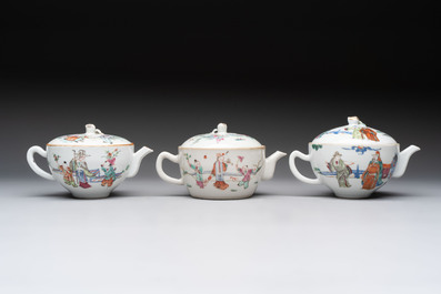 Three Chinese famille rose covered teapots and a warming bowl, Tongzhi, Guangxu and L&uuml; Zhi Xiang Zhi 呂芷薌製 marks, 19th C.