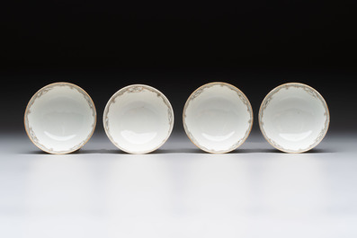 Four Chinese grisaille and gilt-decorated monogrammed cups and saucers, Qianlong, dated 1778