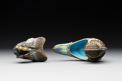 Two Chinese enamelled filigree silver mandarin duck-form boxes and covers inset with precious stones, 19/20th C.