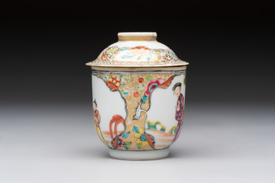 A Chinese Canton famille rose gilt-decorated covered cup and saucer, Qianlong