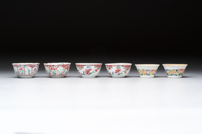 Six sets of Chinese famille rose cups and saucers, Yongzheng/Qianlong
