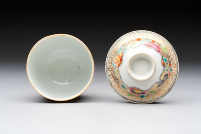 A Chinese Canton famille rose gilt-decorated covered cup and saucer, Qianlong