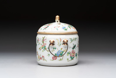Three Chinese famille rose covered teapots and a warming bowl, Tongzhi, Guangxu and L&uuml; Zhi Xiang Zhi 呂芷薌製 marks, 19th C.