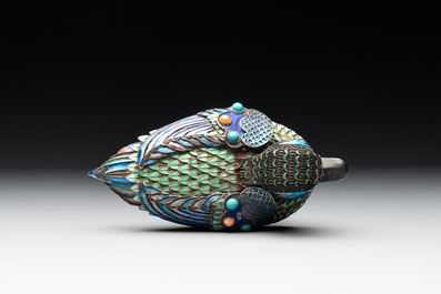 Two Chinese enamelled filigree silver mandarin duck-form boxes and covers inset with precious stones, 19/20th C.
