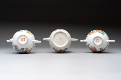 Three Chinese famille rose covered teapots and a warming bowl, Tongzhi, Guangxu and L&uuml; Zhi Xiang Zhi 呂芷薌製 marks, 19th C.