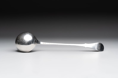 A silver ladle, marked Pieter de Thieu, Bruges, dated (17)77