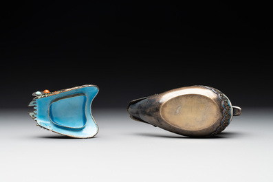 Two Chinese enamelled filigree silver mandarin duck-form boxes and covers inset with precious stones, 19/20th C.