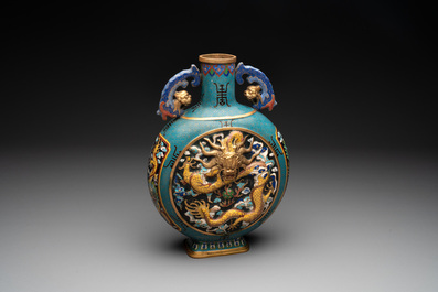 A Chinese cloisonn&eacute; 'dragon and phoenix' moonflask vase, 'bianhu', 19/20th C