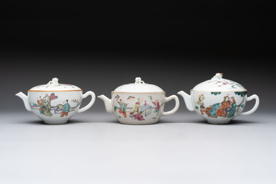 Three Chinese famille rose covered teapots and a warming bowl, Tongzhi, Guangxu and L&uuml; Zhi Xiang Zhi 呂芷薌製 marks, 19th C.