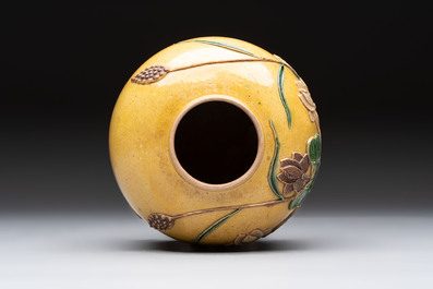 A Chinese verte biscuit 'Yi Lu Lian Ke 一路連科' jar and a flamb&eacute; water pot, 18/19th C.