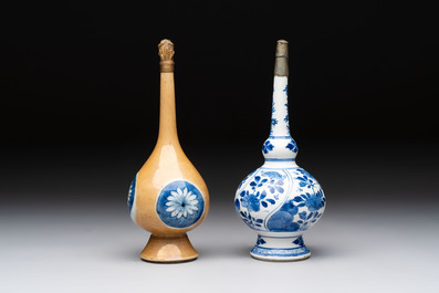 A Chinese blue, white and caf&eacute;-au-lait-ground and a blue and white rose water sprinkler, Kangxi