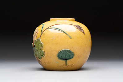 A Chinese verte biscuit 'Yi Lu Lian Ke 一路連科' jar and a flamb&eacute; water pot, 18/19th C.