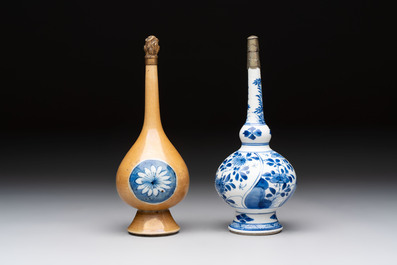A Chinese blue, white and caf&eacute;-au-lait-ground and a blue and white rose water sprinkler, Kangxi