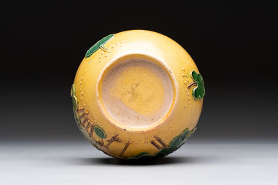 A Chinese verte biscuit 'Yi Lu Lian Ke 一路連科' jar and a flamb&eacute; water pot, 18/19th C.
