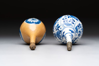 A Chinese blue, white and caf&eacute;-au-lait-ground and a blue and white rose water sprinkler, Kangxi