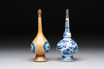 A Chinese blue, white and caf&eacute;-au-lait-ground and a blue and white rose water sprinkler, Kangxi