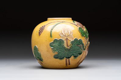 A Chinese verte biscuit 'Yi Lu Lian Ke 一路連科' jar and a flamb&eacute; water pot, 18/19th C.