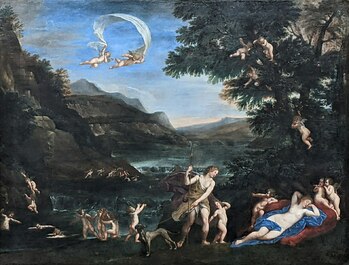 European school: 'Adonis led by Cupids to Venus', gouache on vellum, 17/18th C.