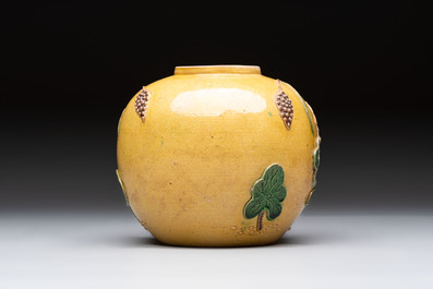A Chinese verte biscuit 'Yi Lu Lian Ke 一路連科' jar and a flamb&eacute; water pot, 18/19th C.