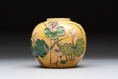 A Chinese verte biscuit 'Yi Lu Lian Ke 一路連科' jar and a flamb&eacute; water pot, 18/19th C.