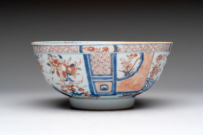 Seven Chinese Imari-style and famille rose bowls with floral and figural designs, 18th C.