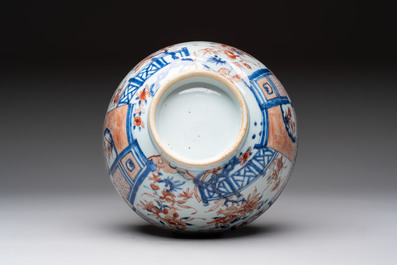 Seven Chinese Imari-style and famille rose bowls with floral and figural designs, 18th C.