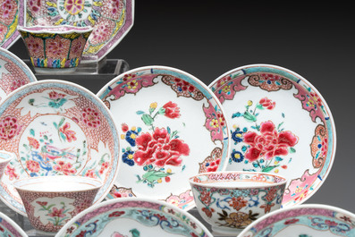 13 Chinese famille rose cups and 15 saucers, Yongzheng/Qianlong