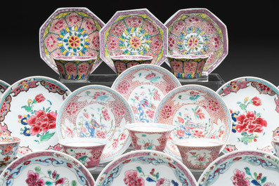 13 Chinese famille rose cups and 15 saucers, Yongzheng/Qianlong
