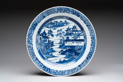 Six Chinese blue and white plates and a dish with landscape design, 18th C.