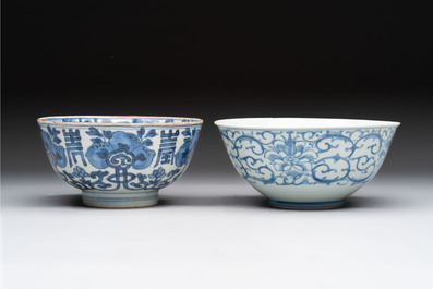 Five Chinese blue and white bowls, Kangxi and later