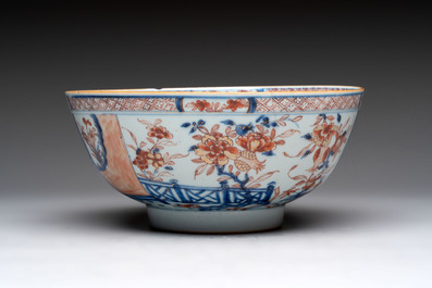 Seven Chinese Imari-style and famille rose bowls with floral and figural designs, 18th C.