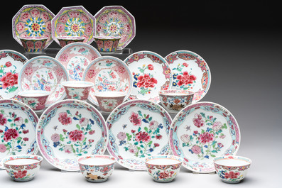 13 Chinese famille rose cups and 15 saucers, Yongzheng/Qianlong